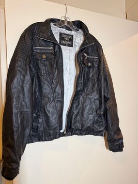 YMI Black Faux Leather Bomber Jacket with White Sherpa Interior